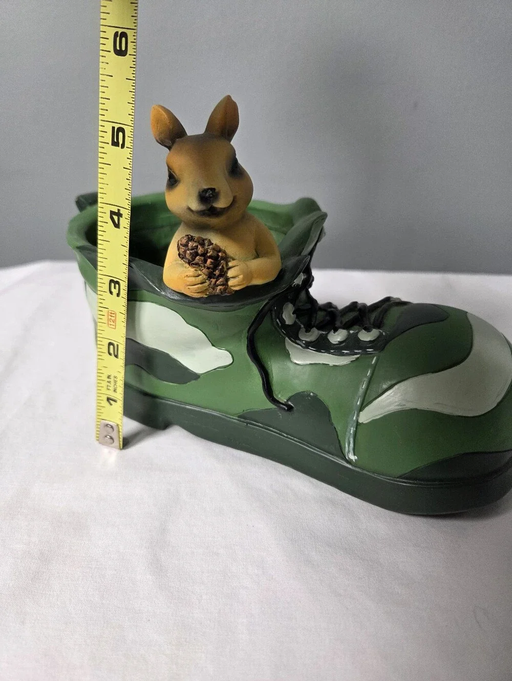 Vintage Ceramic Decorative Camouflage  Boot Planter With Chipmunk/ Squirrel